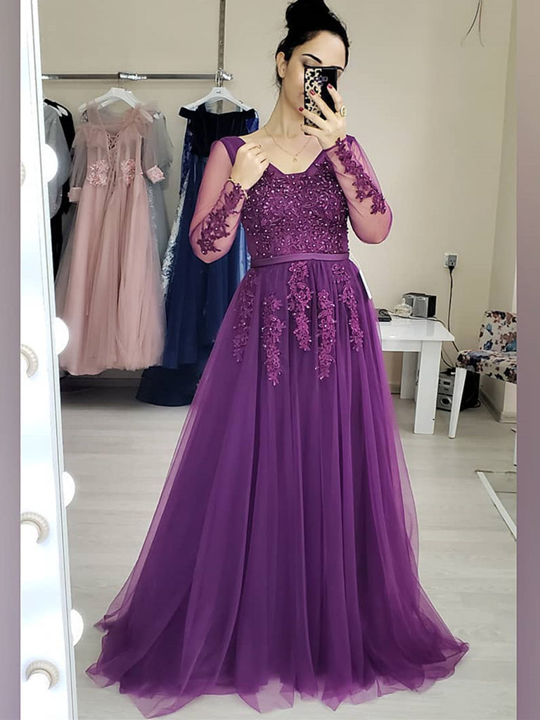 Long Sleeves Purple Lace Prom Dresses ...